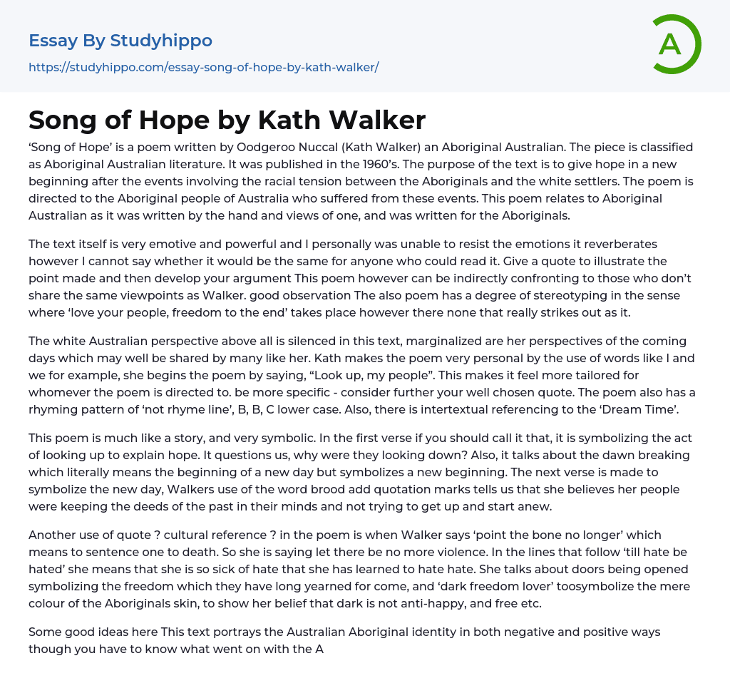 Song of Hope by Kath Walker Essay Example