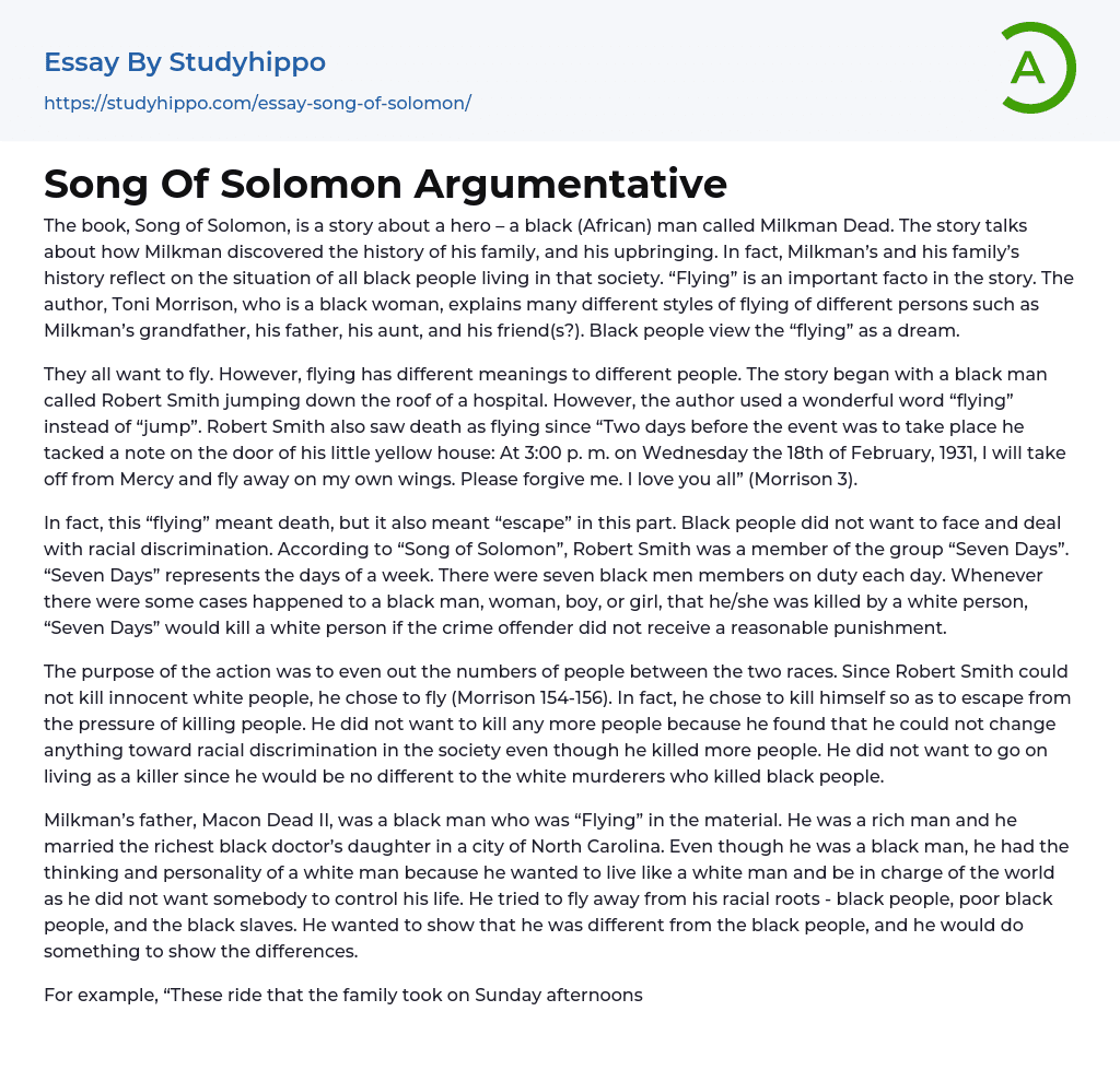 Song Of Solomon Argumentative Essay Example