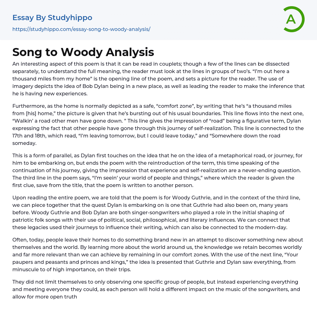 Song to Woody Analysis Essay Example