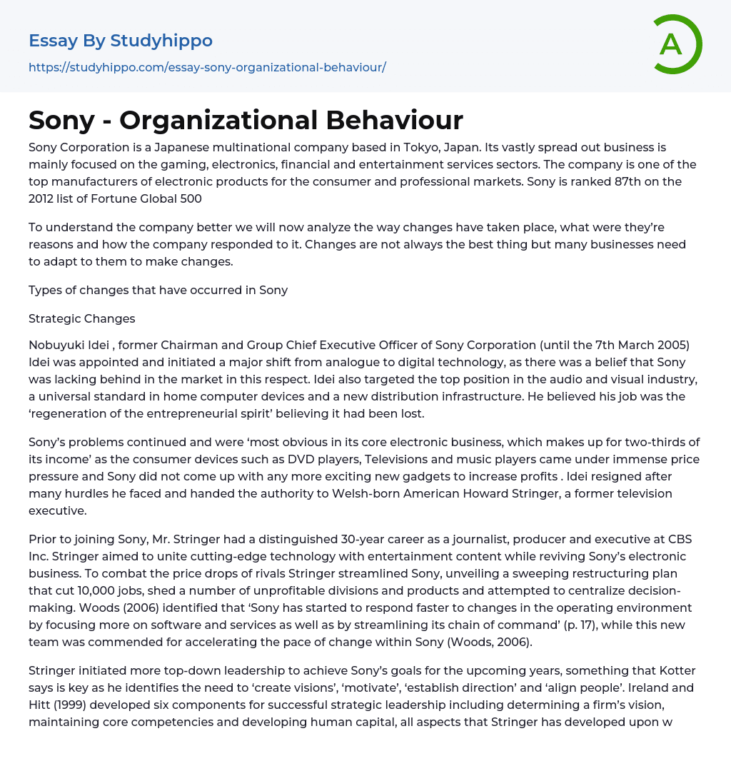 Sony – Organizational Behaviour Essay Example