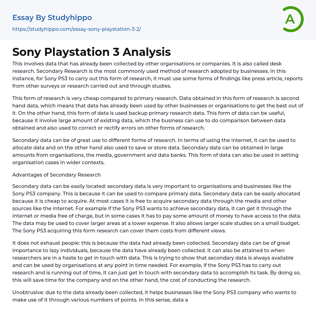 Sony Playstation 3 Analysis Essay Example