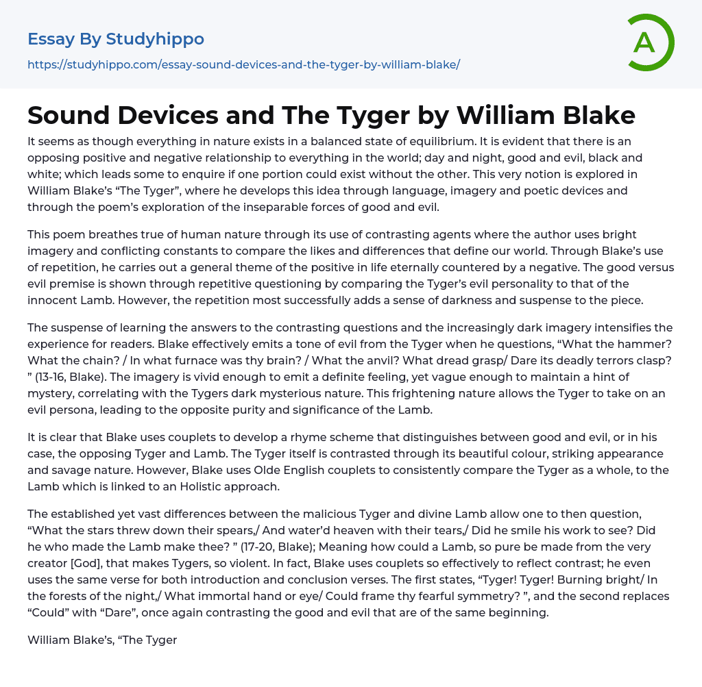 Sound Devices and The Tyger by William Blake Essay Example