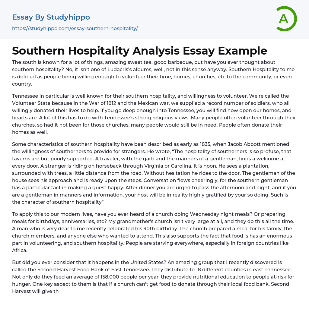 Southern Hospitality Analysis Essay Example