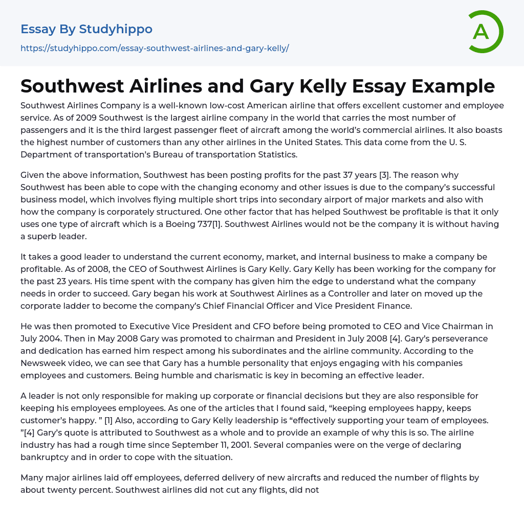 Southwest Airlines and Gary Kelly Essay Example