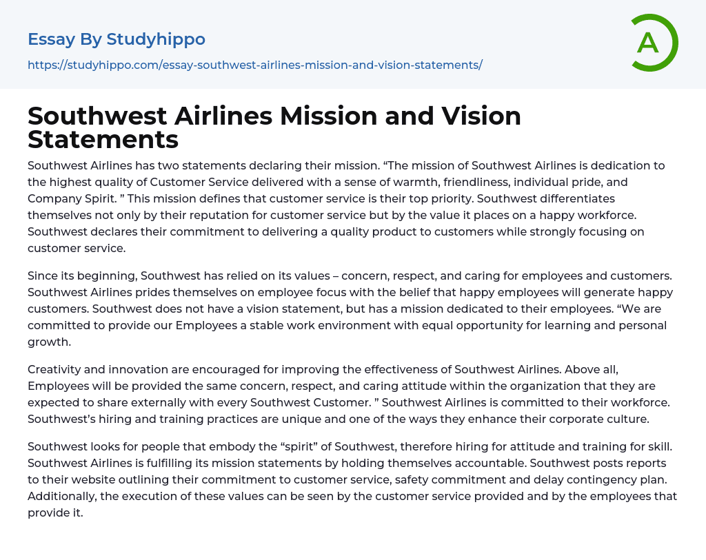 Southwest Airlines Mission and Vision Statements Essay Example