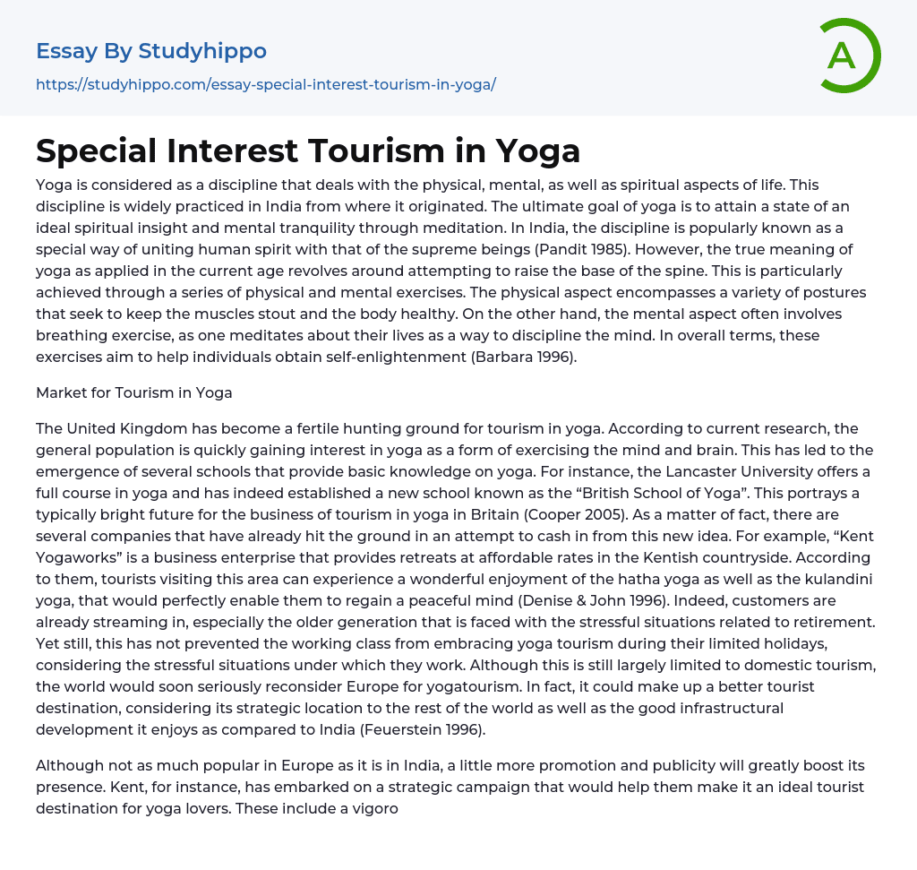 Special Interest Tourism in Yoga Essay Example