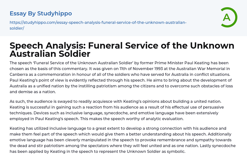 Speech Analysis: Funeral Service of the Unknown Australian Soldier Essay Example