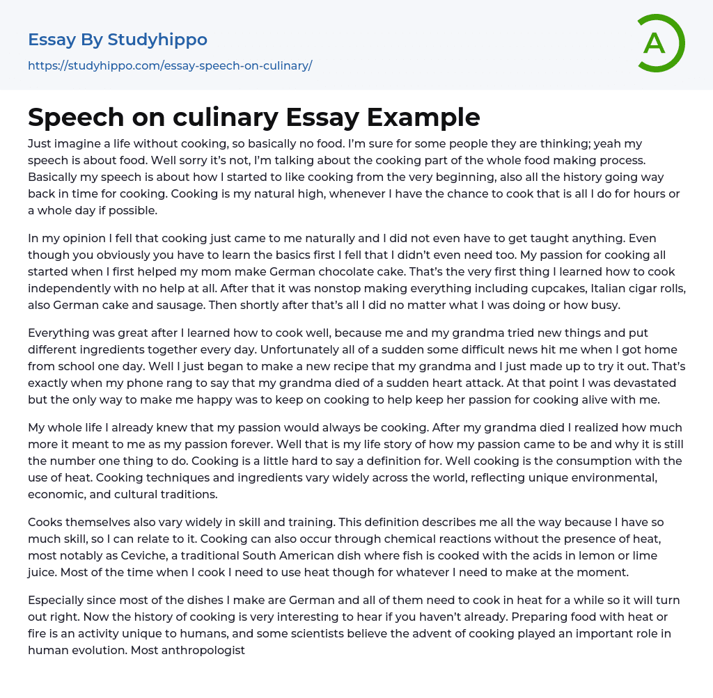 Speech on culinary Essay Example