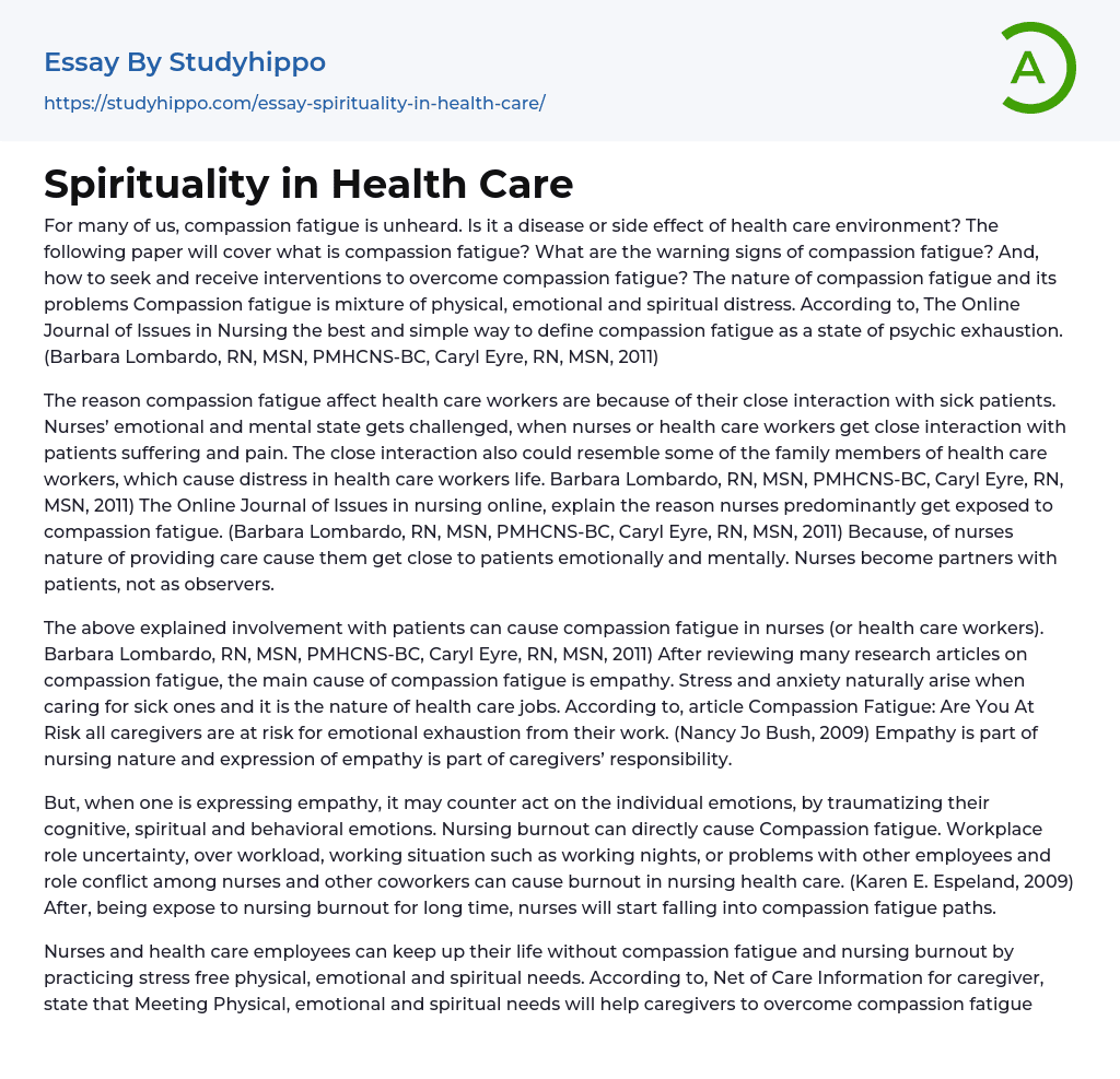 Spirituality in Health Care Essay Example