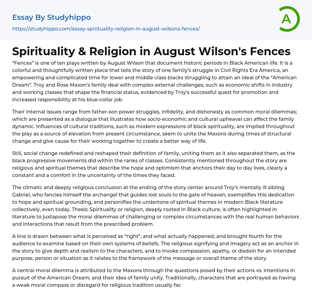 Spirituality & Religion in August Wilson’s Fences Essay Example