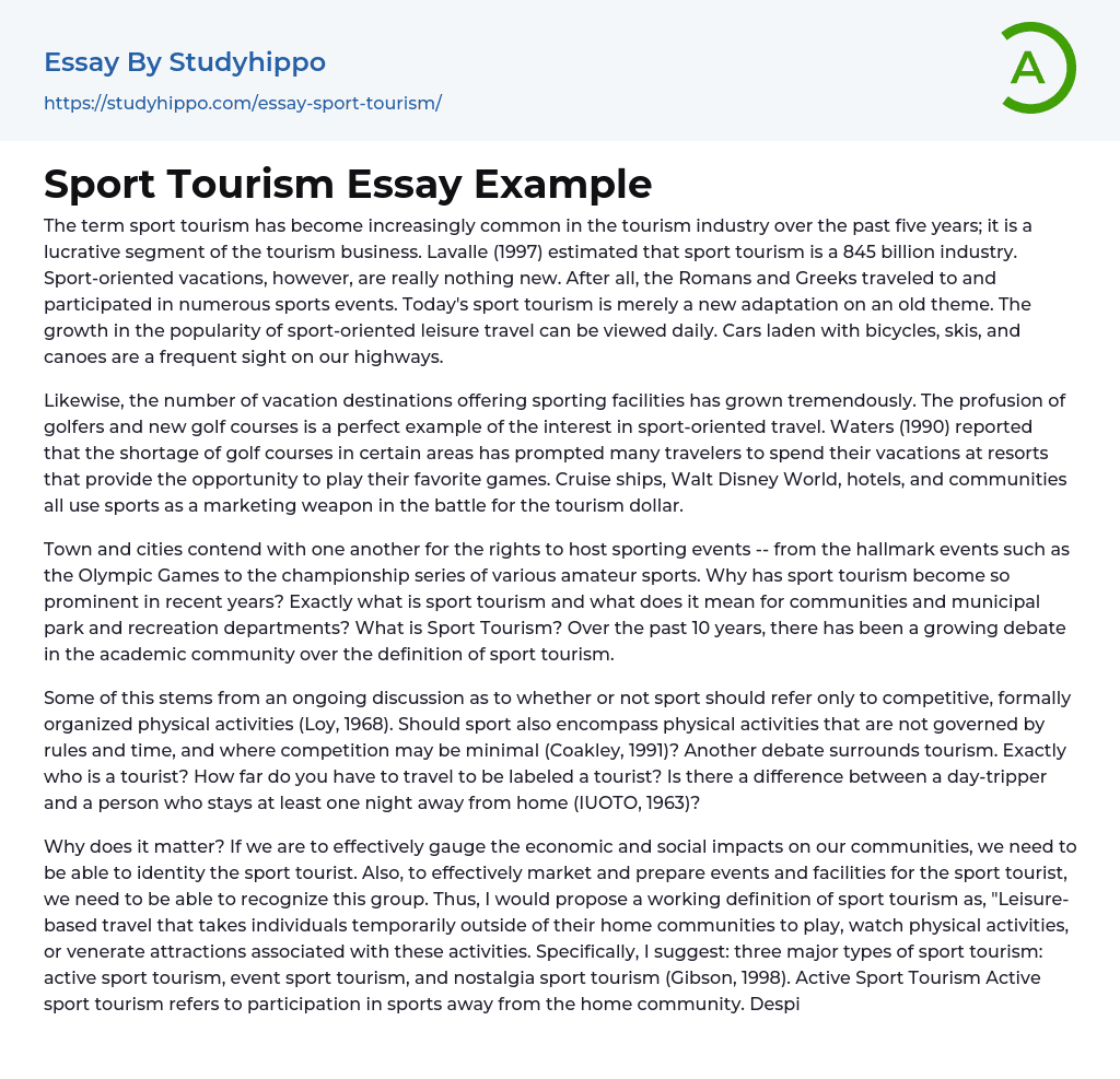 Sport Tourism Essay Example
