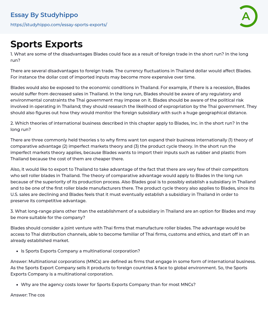 Sports Exports Essay Example