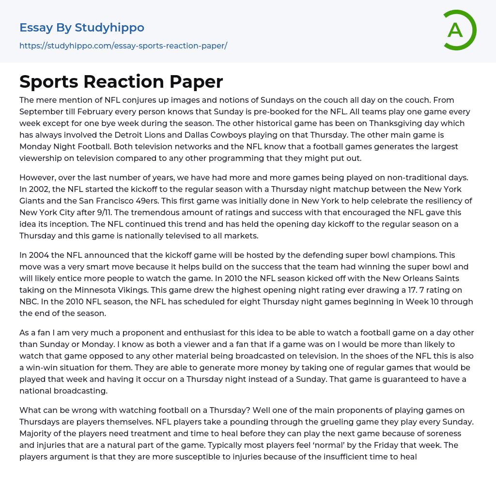 Sports Reaction Paper Essay Example
