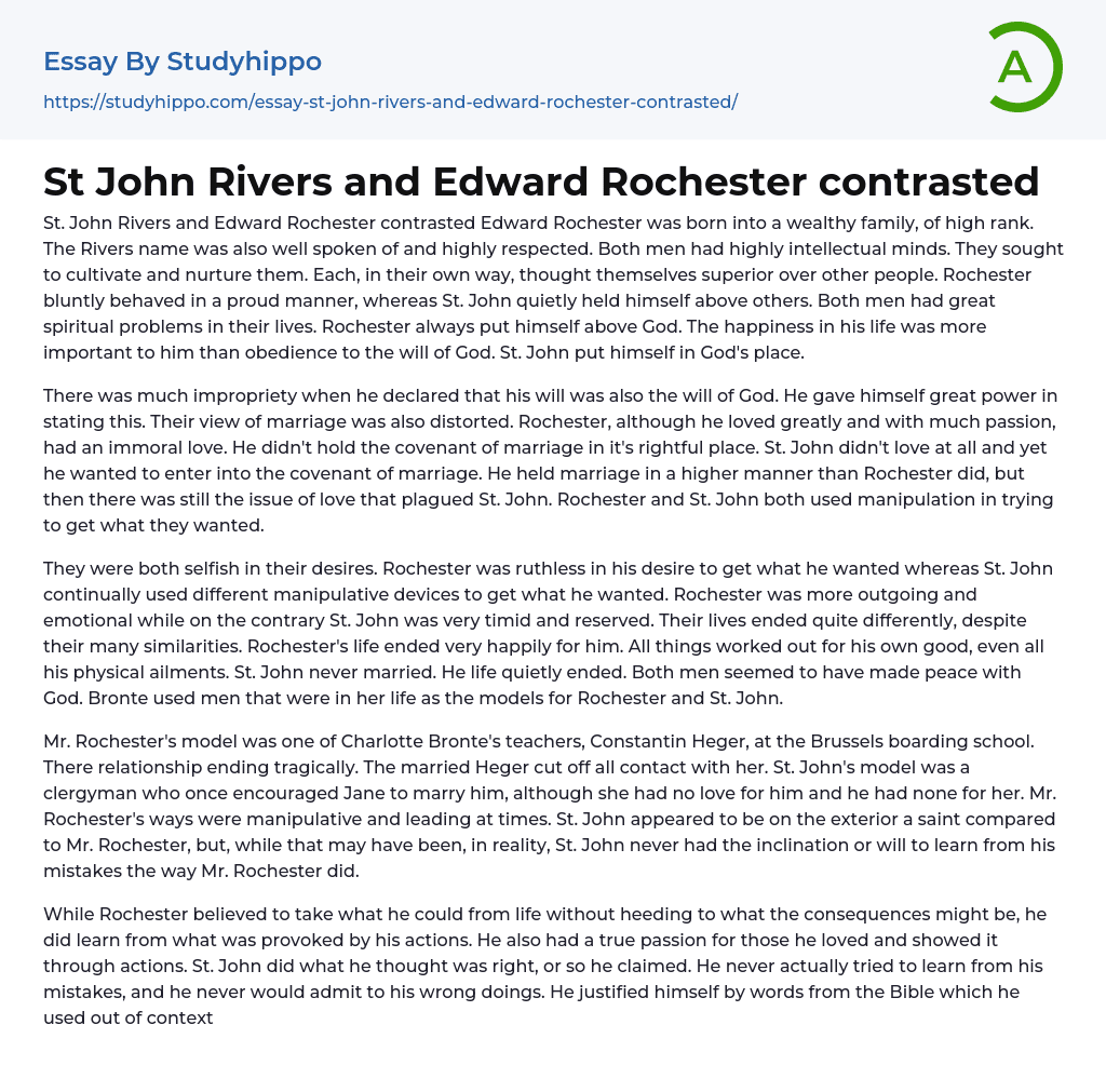 St John Rivers and Edward Rochester contrasted Essay Example