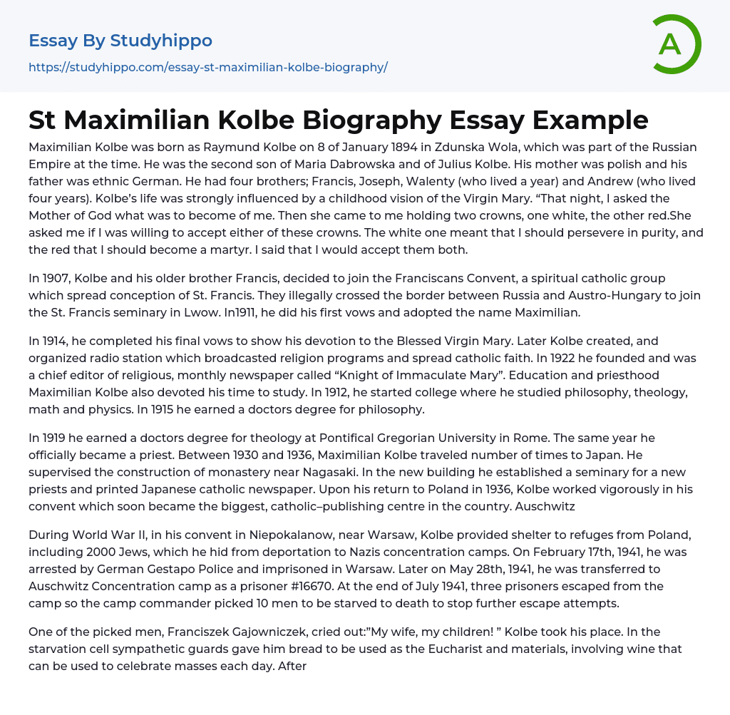 St Maximilian Kolbe Biography Essay Example