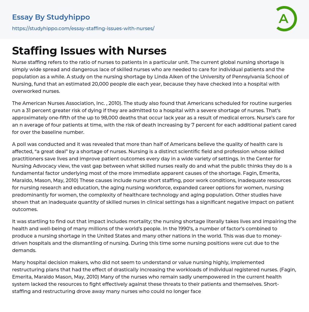 Staffing Issues with Nurses Essay Example