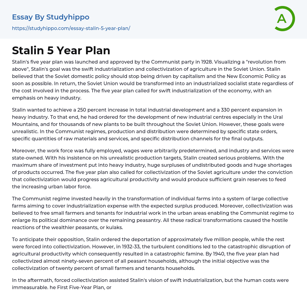 Stalin 5 Year Plan Essay Example