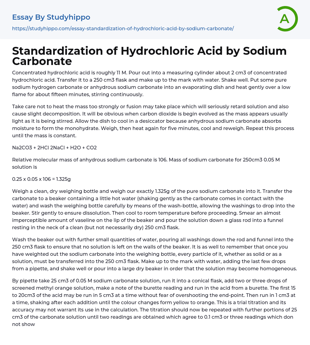 Standardization of Hydrochloric Acid by Sodium Carbonate Essay Example
