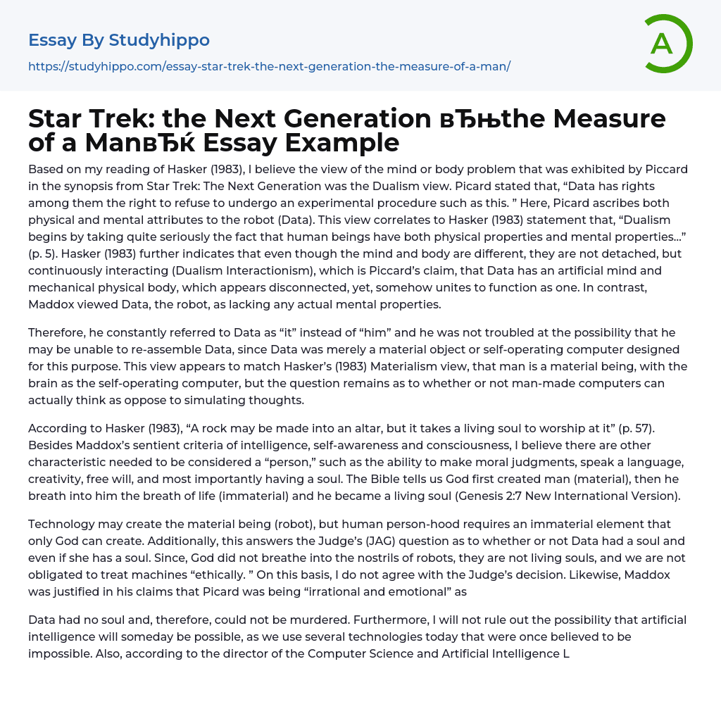 Star Trek: the Next Generation “the Measure of a Man” Essay Example