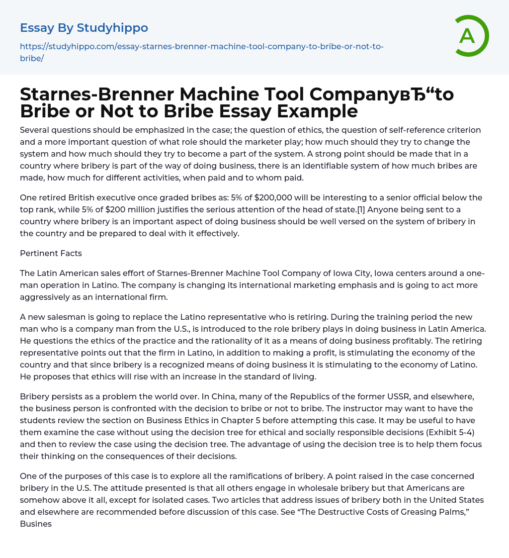 Starnes-Brenner Machine Tool Company??“to Bribe or Not to Bribe Essay Example