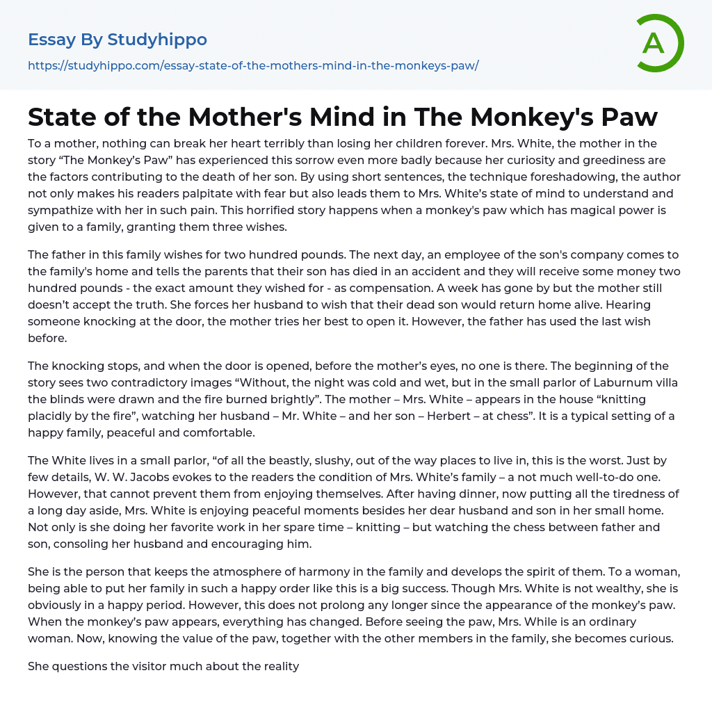 State of the Mother’s Mind in The Monkey’s Paw Essay Example