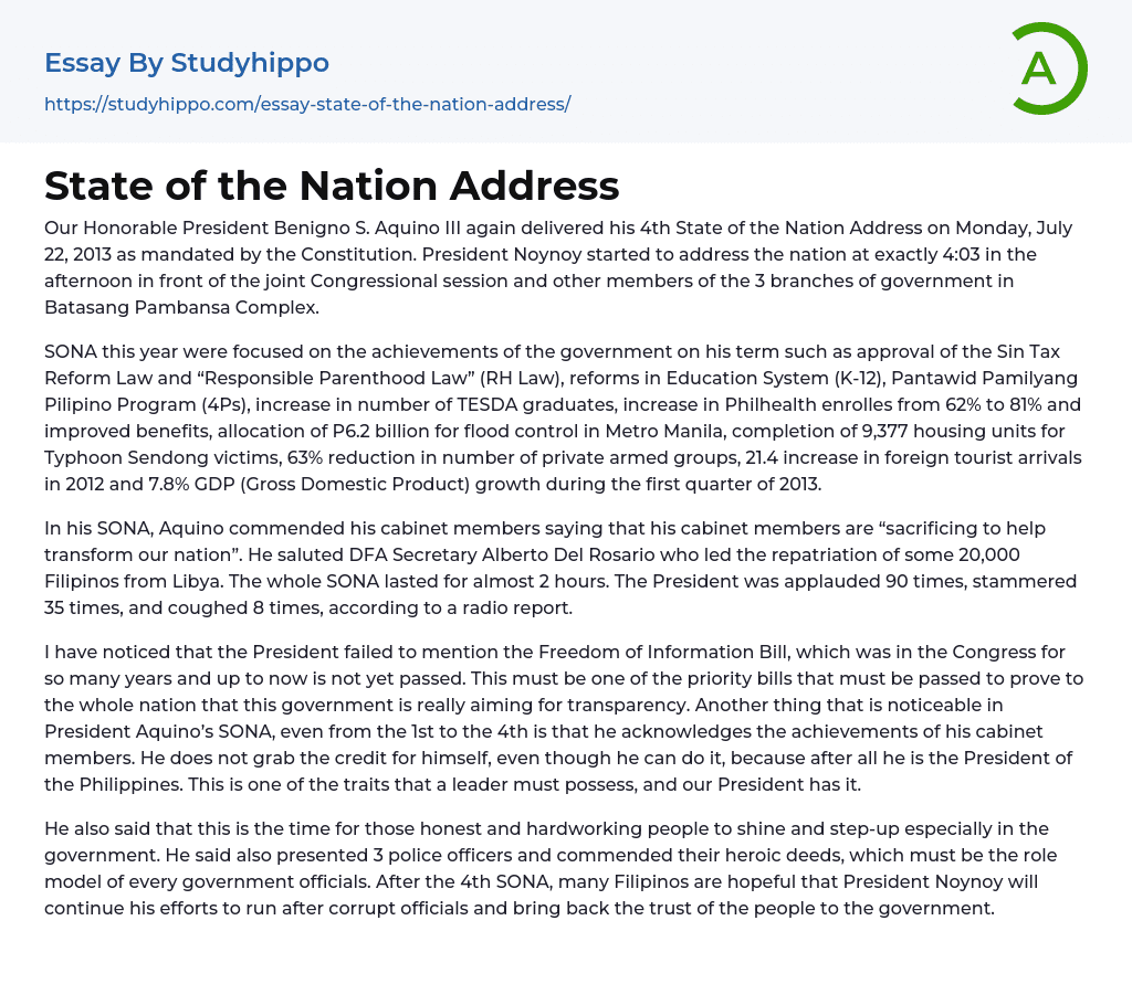 State of the Nation Address Essay Example