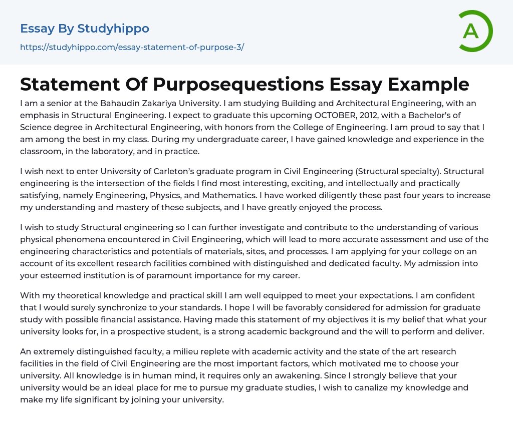 Statement Of Purposequestions Essay Example