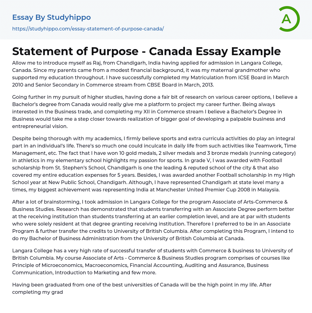 Statement Of Purpose Canada Essay Example StudyHippo