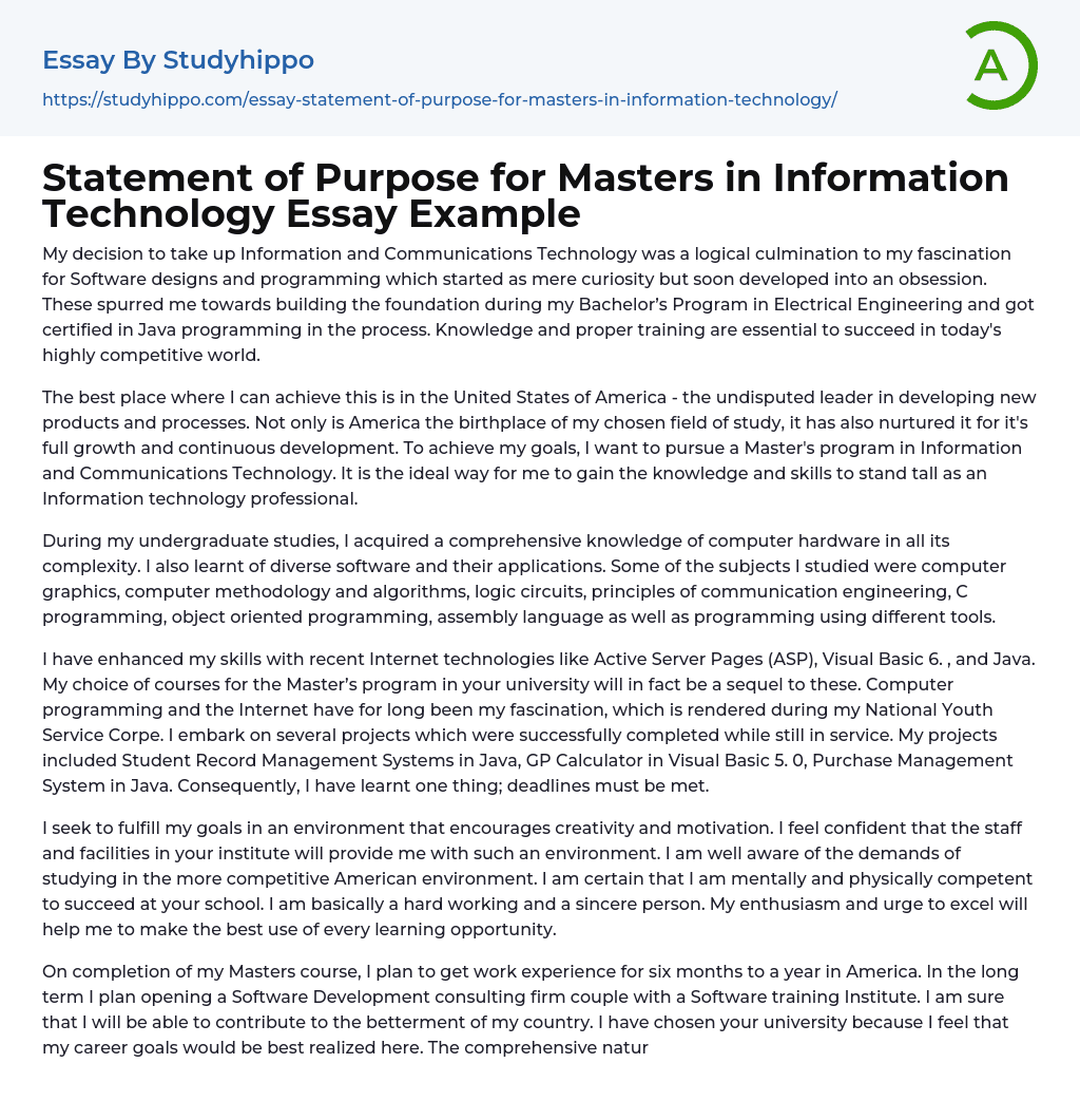 Statement of Purpose for Masters in Information Technology Essay Example