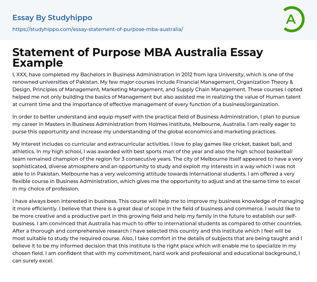 Statement of Purpose MBA Australia Essay Example