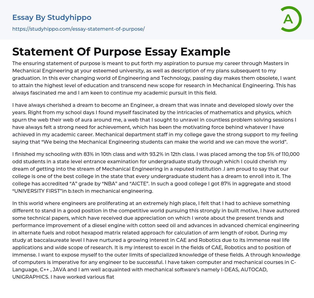 Statement Of Purpose Essay Example