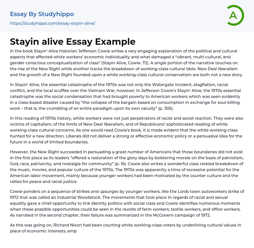 Stayin alive Essay Example