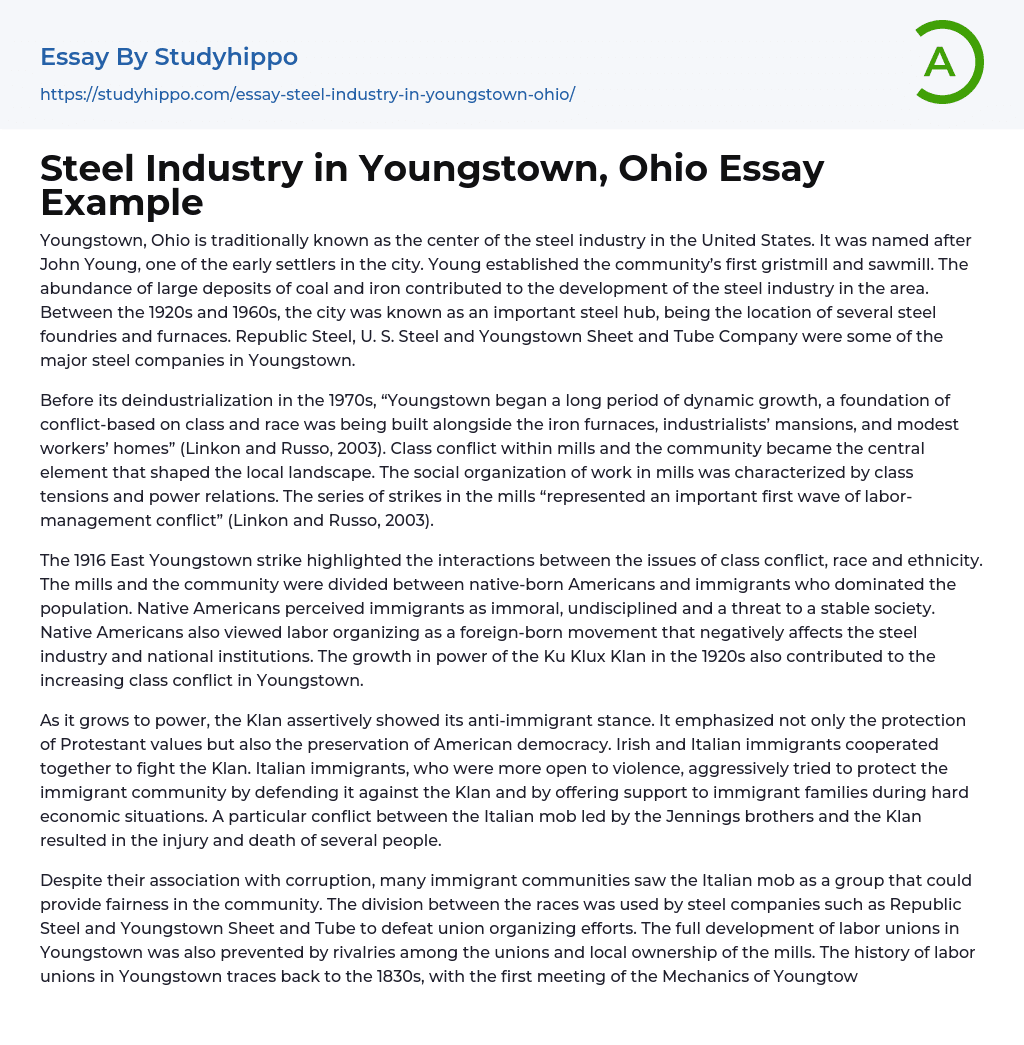Steel Industry in Youngstown, Ohio Essay Example
