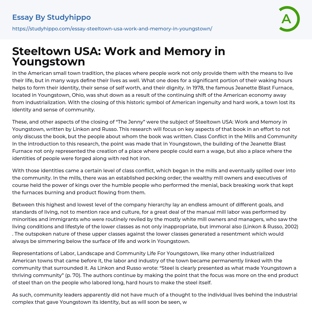 Steeltown USA: Work and Memory in Youngstown Essay Example