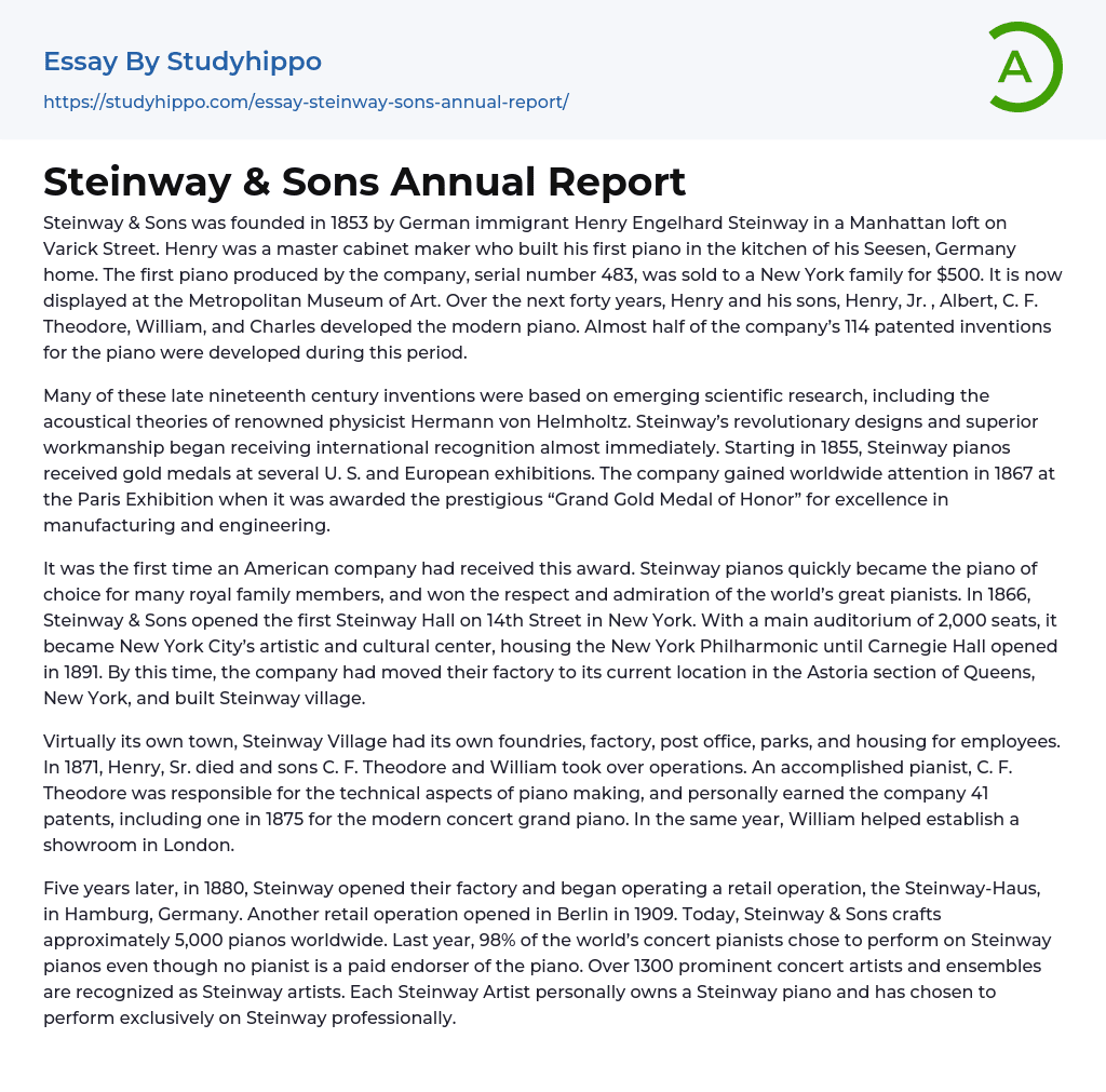 Steinway & Sons Annual Report Essay Example
