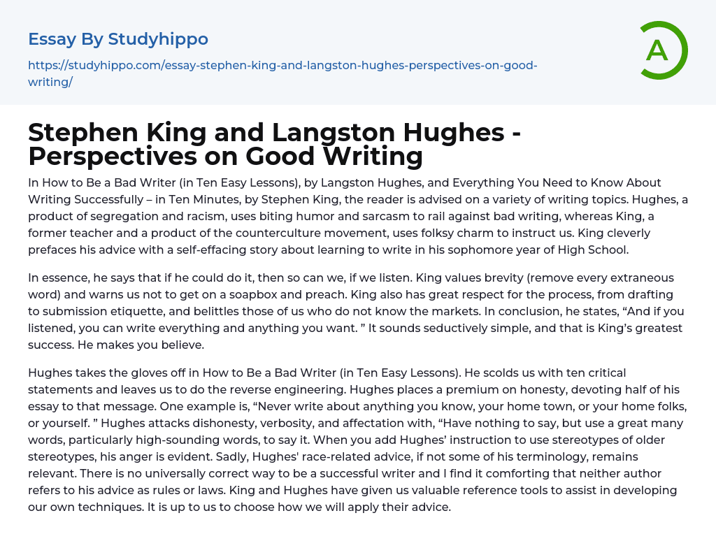 Stephen King and Langston Hughes – Perspectives on Good Writing Essay Example