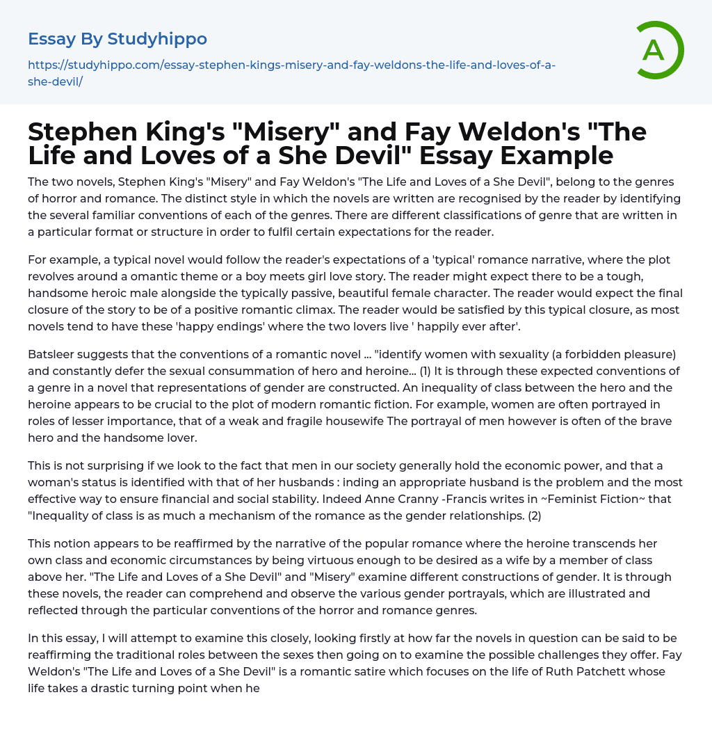Stephen King’s “Misery” and Fay Weldon’s “The Life and Loves of a She Devil” Essay Example