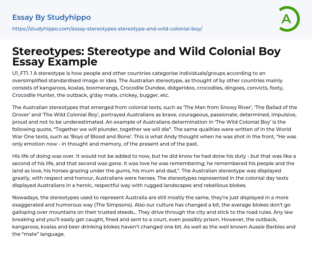 Stereotypes: Stereotype and Wild Colonial Boy Essay Example