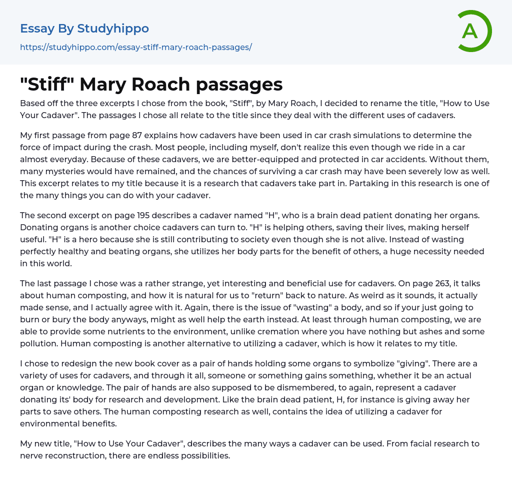 “Stiff” Mary Roach passages Essay Example