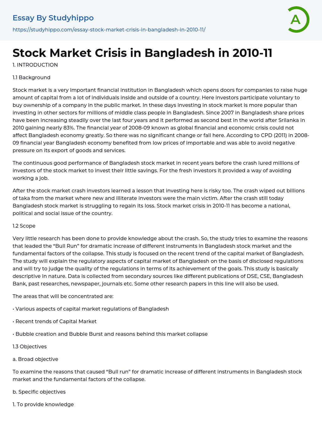 Stock Market Crisis in Bangladesh in 2010-11 Essay Example