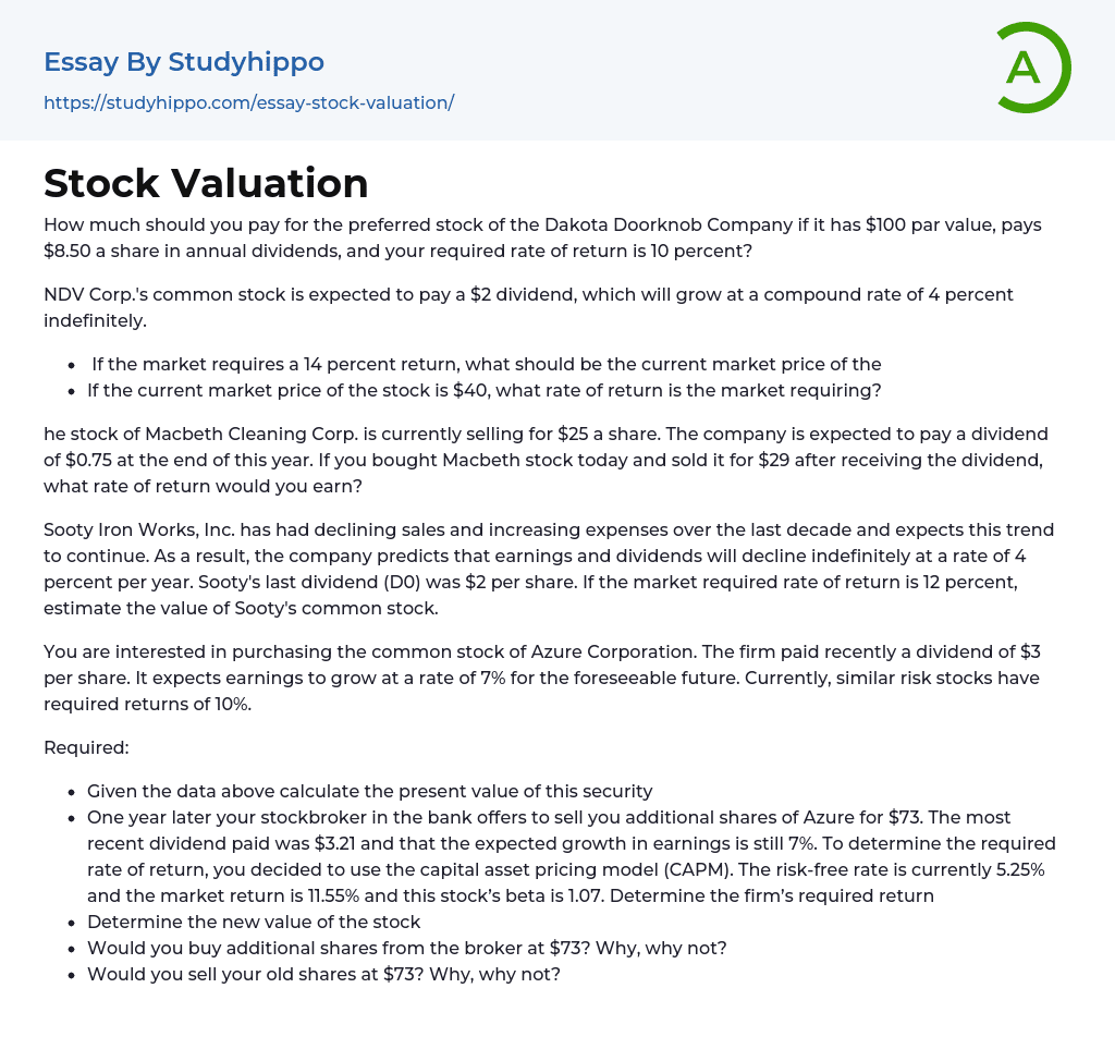 Stock Valuation Dakota Doorknob Company Essay Example