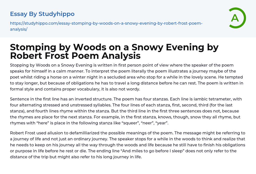 Stomping by Woods on a Snowy Evening by Robert Frost Poem Analysis Essay Example
