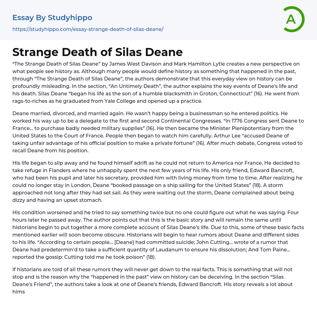 Strange Death of Silas Deane Essay Example