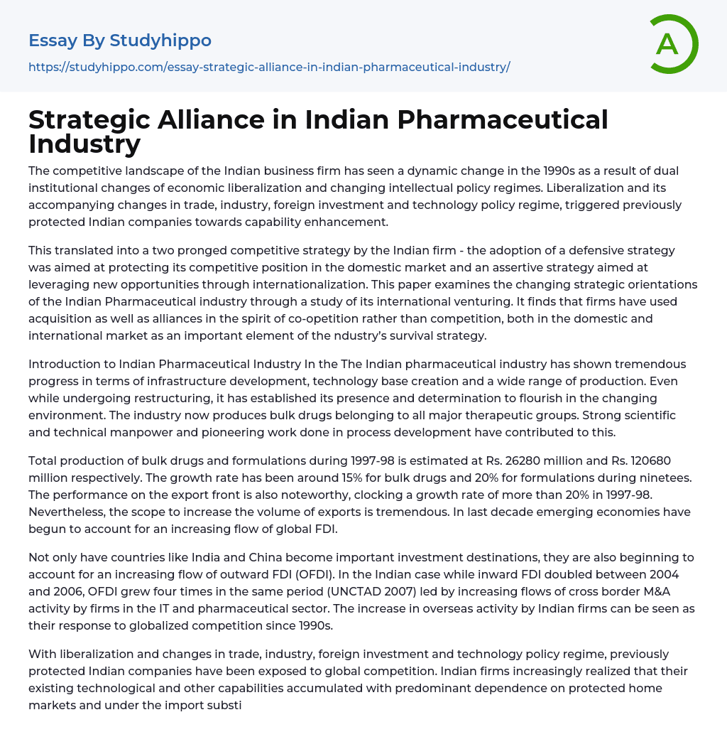 Strategic Alliance in Indian Pharmaceutical Industry Essay Example
