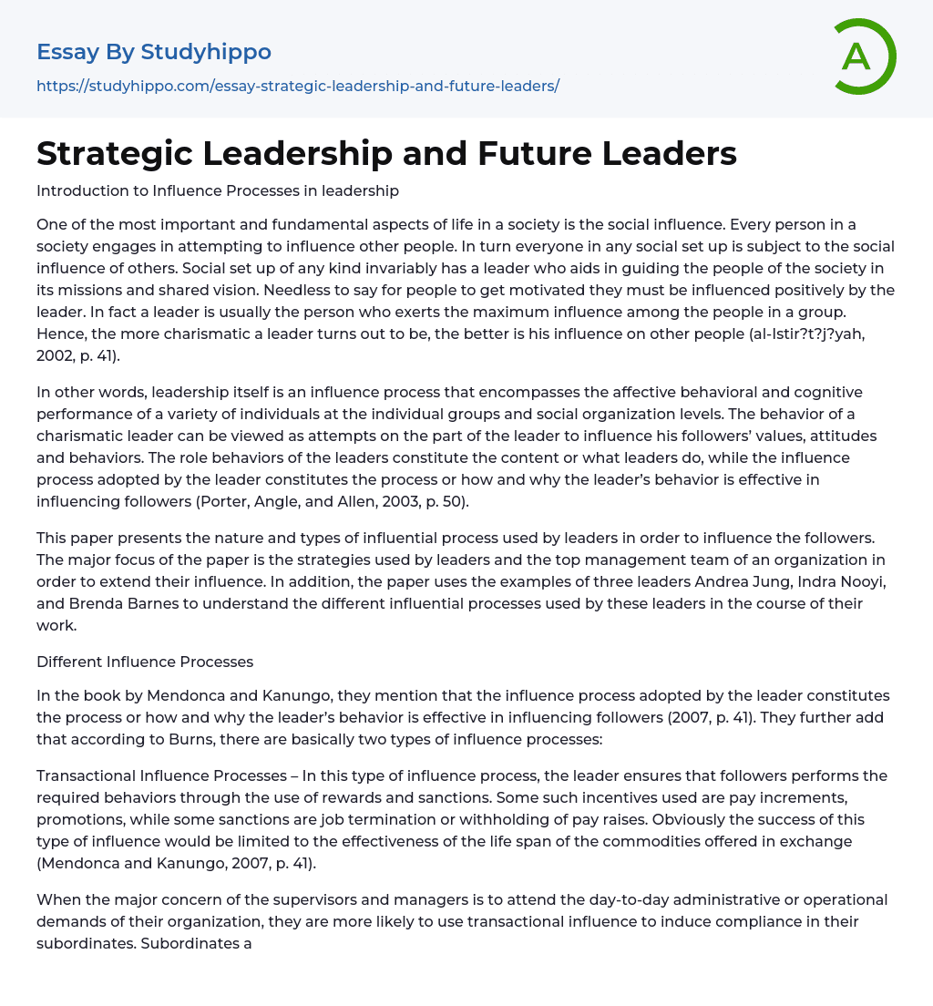 Strategic Leadership and Future Leaders Essay Example