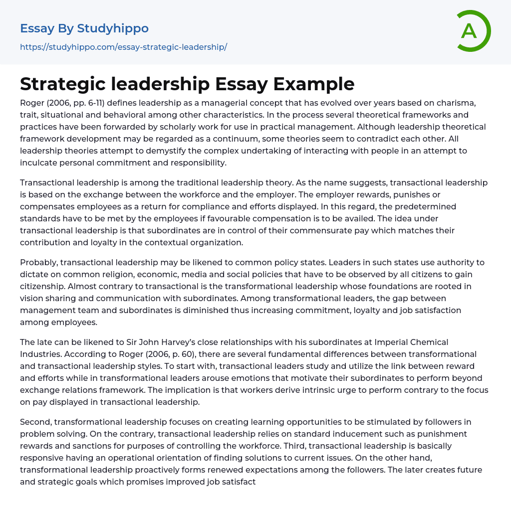 Strategic leadership Essay Example