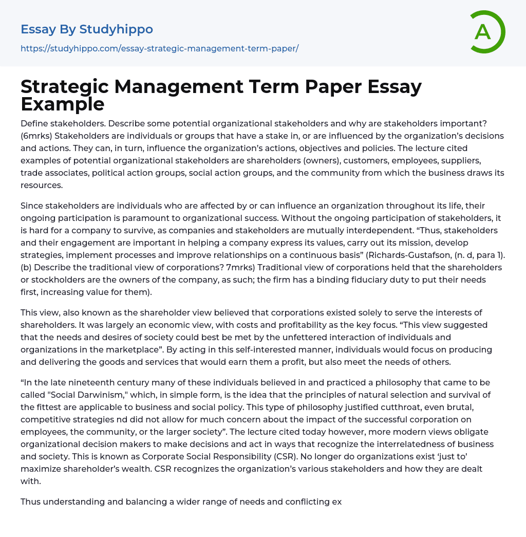 Strategic Management Term Paper Essay Example