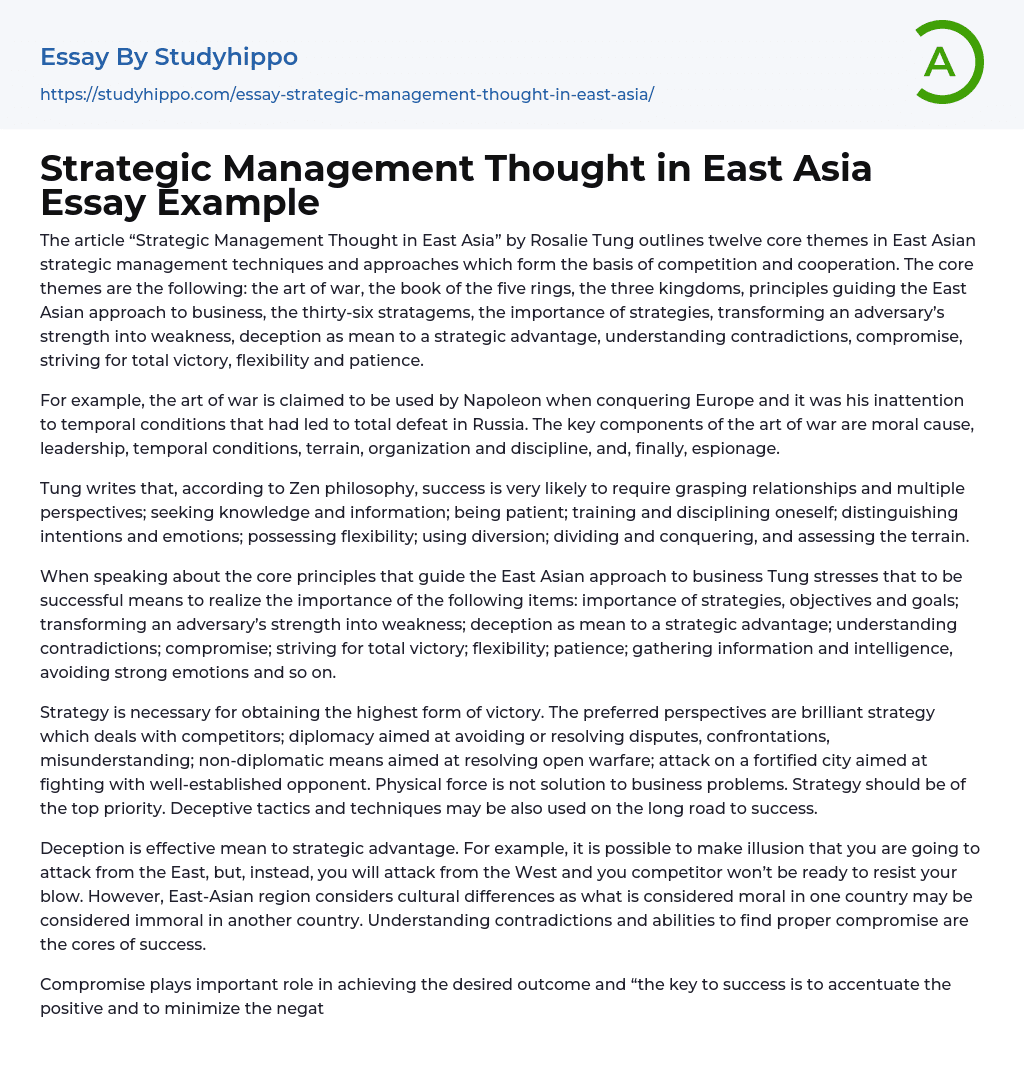 Strategic Management Thought in East Asia Essay Example