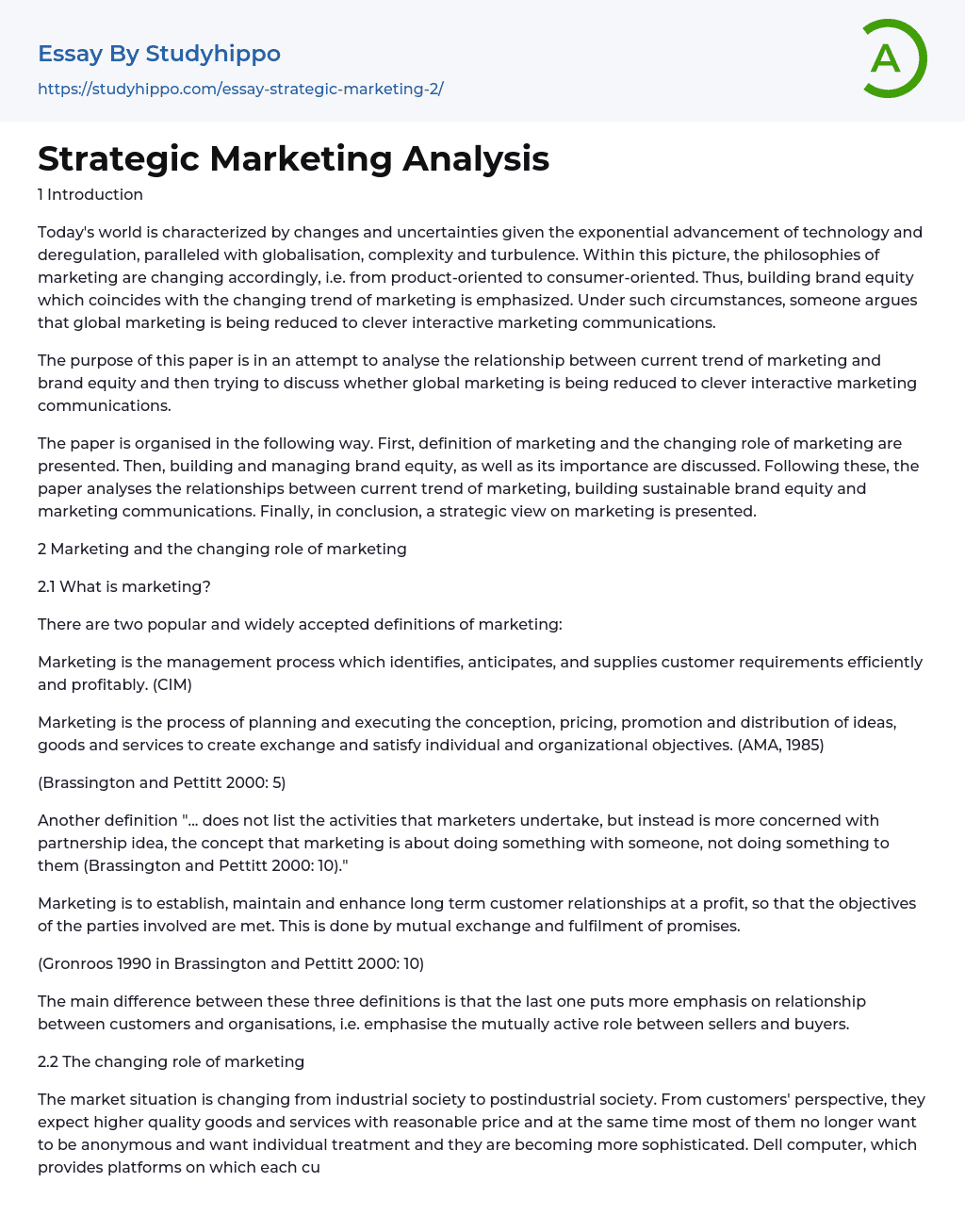 Strategic Marketing Analysis Essay Example