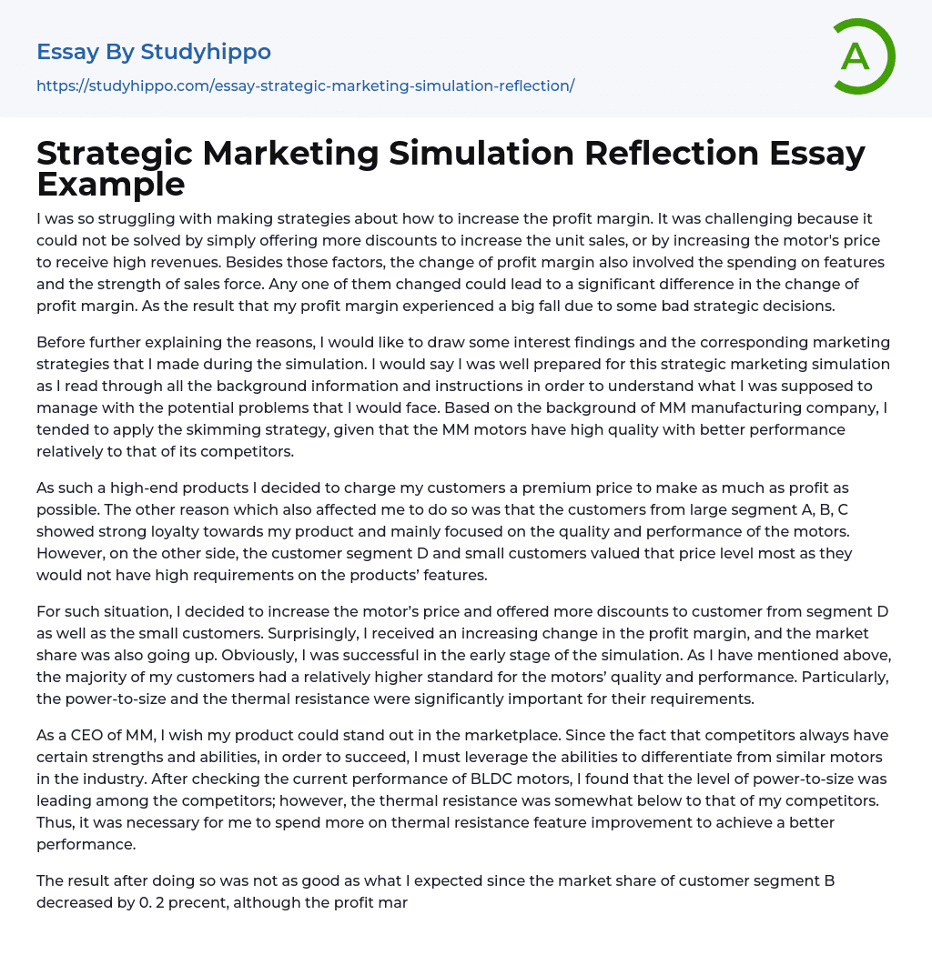 Strategic Marketing Simulation Reflection Essay Example